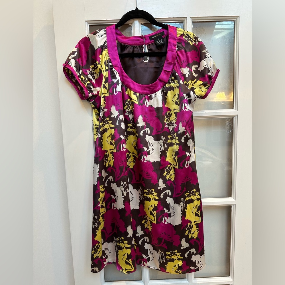 Vintage BCBGMAXAZRIA Y2K Floral Bird Bow Satin Shift Dress Size Medium M